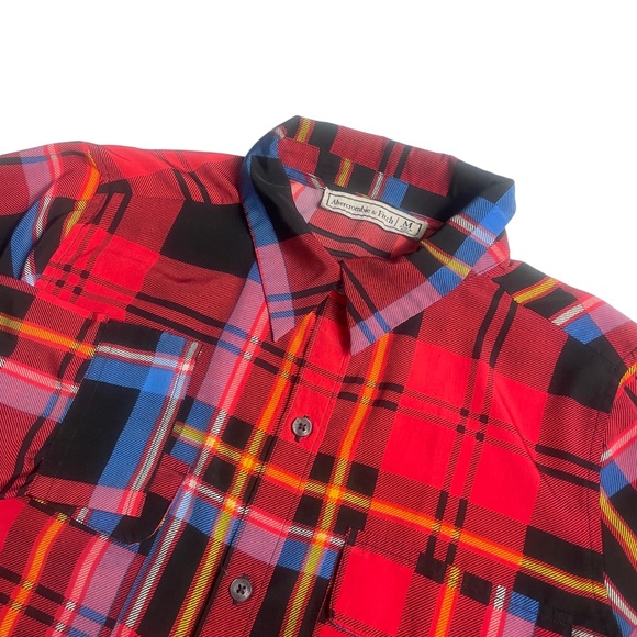Abercrombie & Fitch Women's Medium Red Plaid Button Up 100% Polyester Pockets - Picture 1 of 6